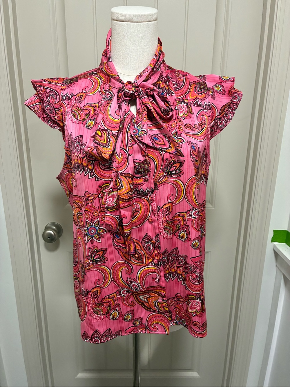 Joie Pink Paisley Tie-Neck Cap-Sleeve Blouse